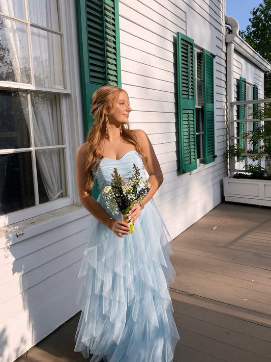 Elegante vestido de fiesta azul sin tirantes, escote corazón, corte A, de tul, para dama de honor TP2677