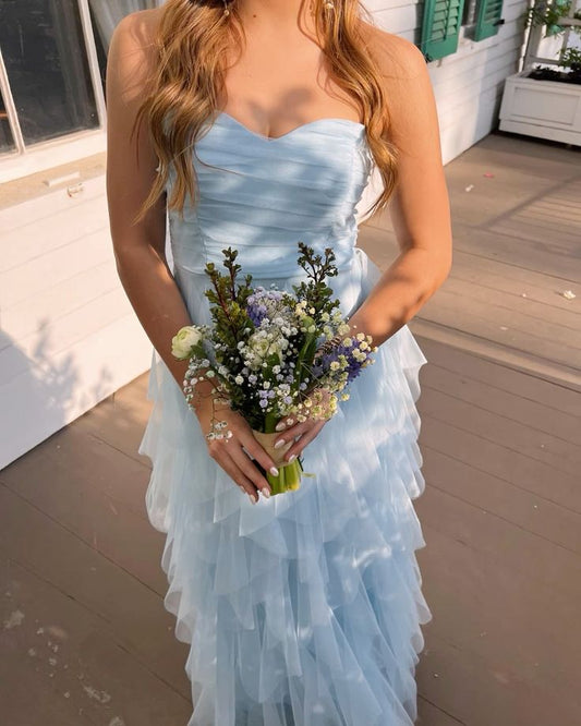 Elegante vestido de fiesta azul sin tirantes, escote corazón, corte A, de tul, para dama de honor TP2677