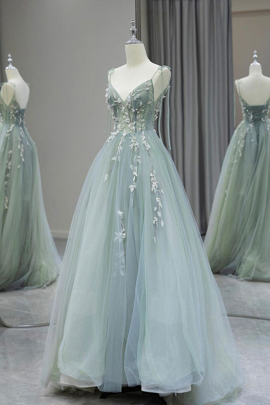 Hermoso vestido de noche largo de tul con escote en V y corte A sin tirantes TP2678