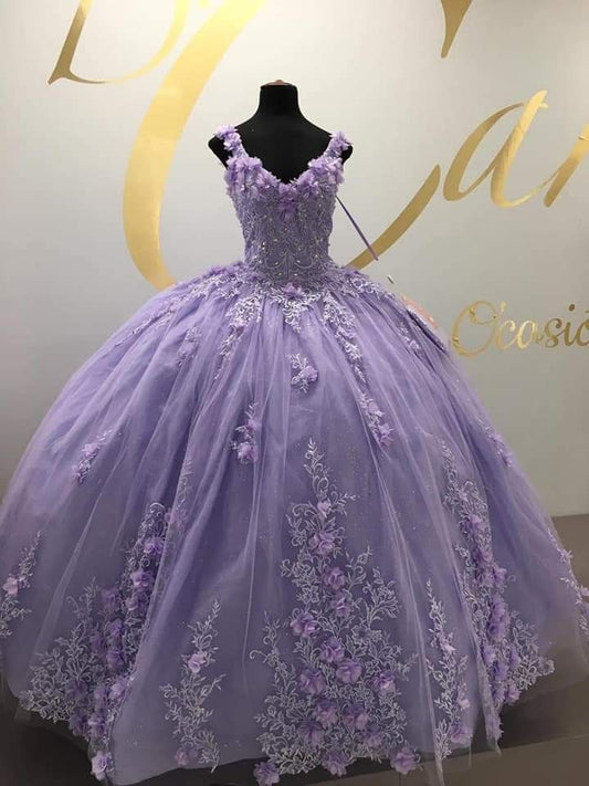 Vestido de fiesta largo de tul con escote en V, encaje y corte A, color morado de ensueño, estilo princesa TP2679