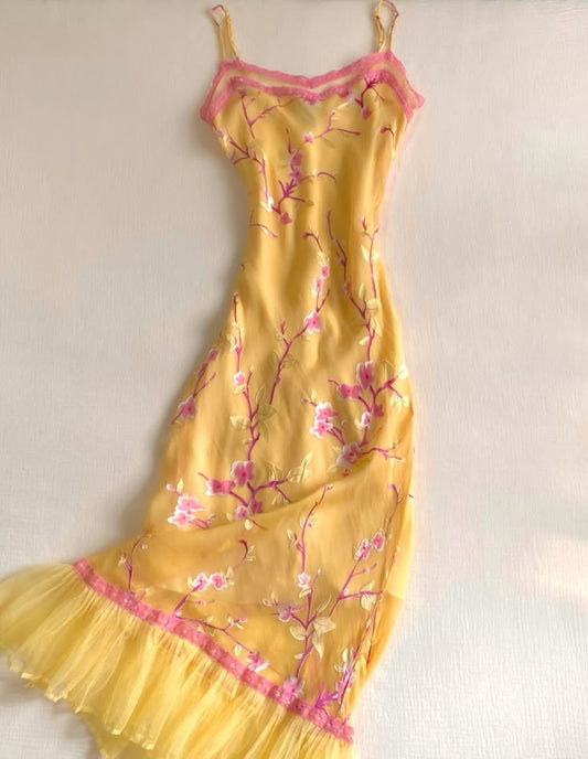 Vestido de fiesta vintage amarillo con cuello halter, estampado de gasa, corte sirena, vestido de noche TP2683