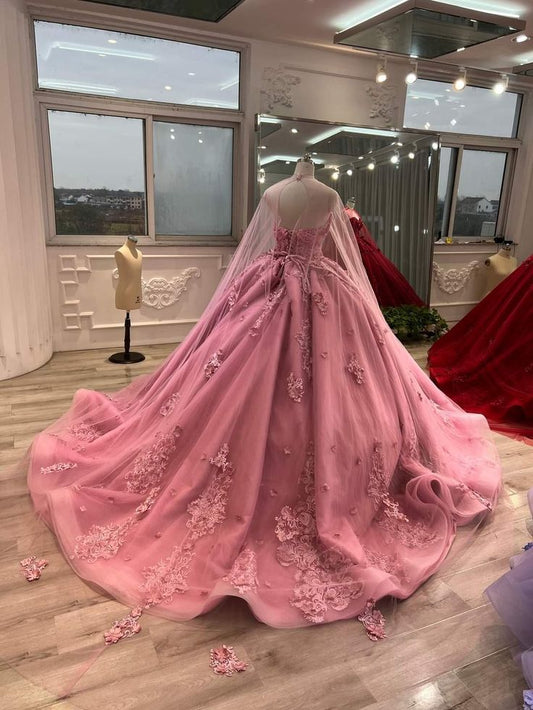 Vestido de princesa rosa sin tirantes, escote corazón, encaje, tul y cola, vestido de fiesta TP2685