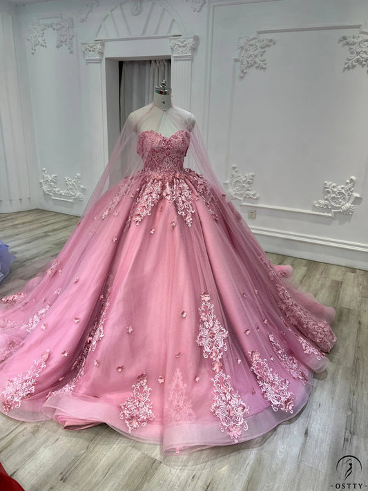 Vestido de princesa rosa sin tirantes, escote corazón, encaje, tul y cola, vestido de fiesta TP2685
