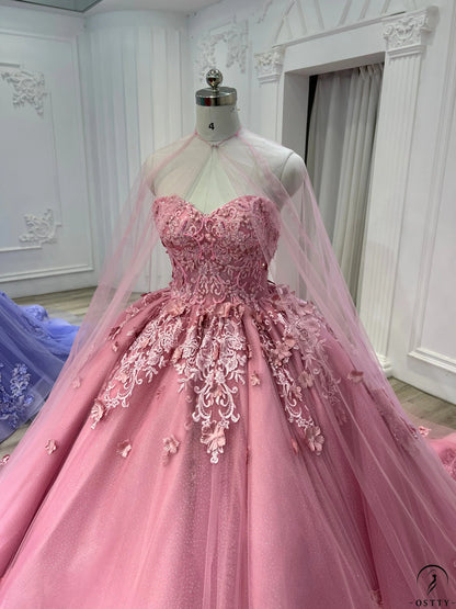 Vestido de princesa rosa sin tirantes, escote corazón, encaje, tul y cola, vestido de fiesta TP2685
