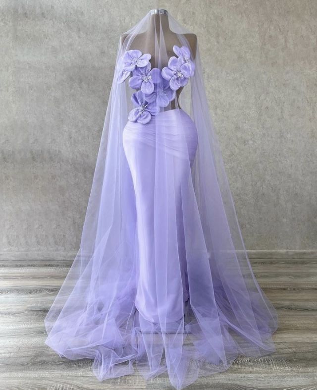 Vestido de noche de sirena con cuentas de fantasía moradas y flores 3D huecas TP2686
