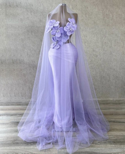 Vestido de noche de sirena con cuentas de fantasía moradas y flores 3D huecas TP2686
