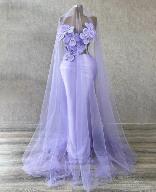 Vestido de noche de sirena con cuentas de fantasía moradas y flores 3D huecas TP2686