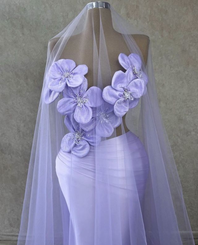 Vestido de noche de sirena con cuentas de fantasía moradas y flores 3D huecas TP2686
