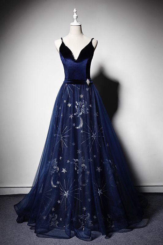 Elegante vestido de noche formal de terciopelo con escote en V y tirantes azul marino TP2689