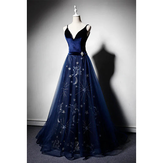 Elegante vestido de noche formal de terciopelo con escote en V y tirantes azul marino TP2689