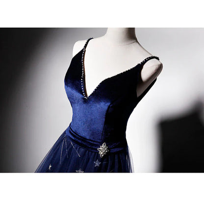 Elegante vestido de noche formal de terciopelo con escote en V y tirantes azul marino TP2689