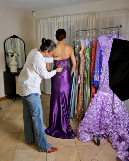 Charming Purple Off Shoulder Lace Silk Satin High Slit Mermaid Prom Dress Evening Dress TP2693