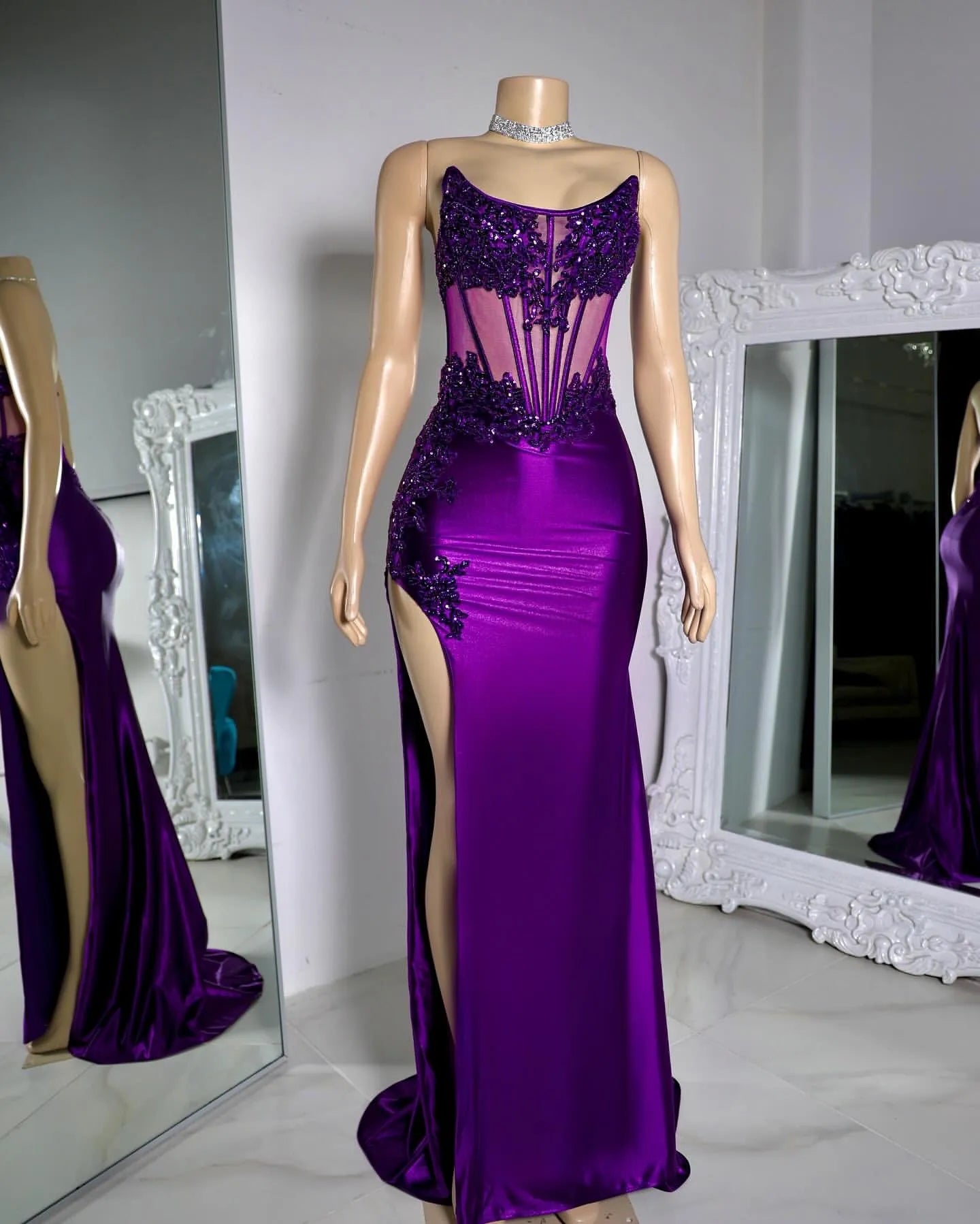 Charming Purple Off Shoulder Lace Silk Satin High Slit Mermaid Prom Dress Evening Dress TP2693