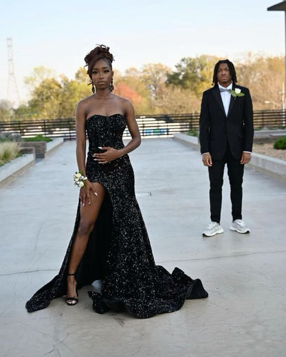 Sexy Black Off Shoulder Sweetheart Neck Sequin Slit Floor-Mounting Prom Dress Evening Dress TP2695