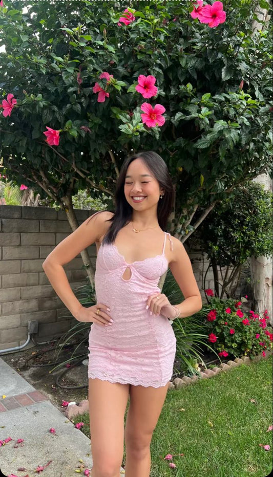 Sweet Pink Lace Halter Bodycon Backless Mini Party Dress Homecoming Dress TP2696