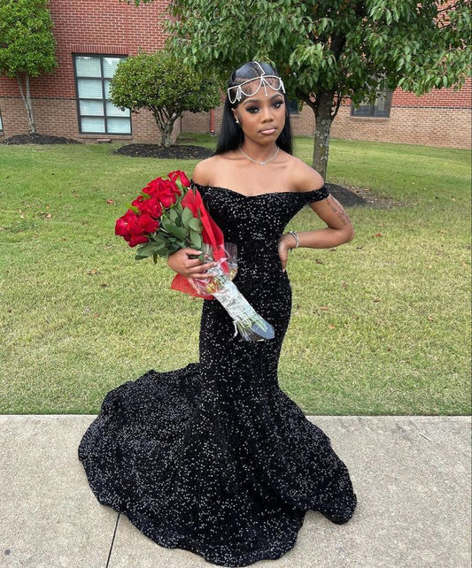 Sexy Black Sequin Off Shoulder Mermaid With Train Prom Dress Evening Dress TP2697