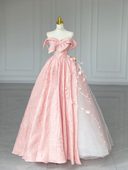 Vestido de fiesta rosa dulce con hombros descubiertos y lazo, corte A, TP2700