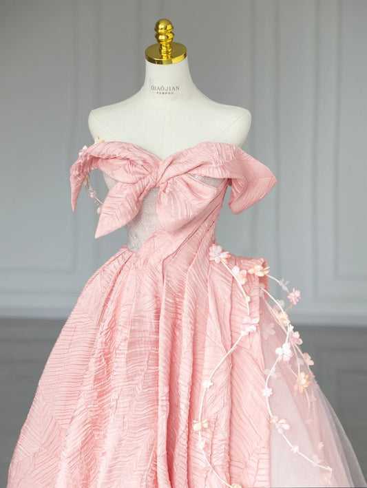 Vestido de fiesta rosa dulce con hombros descubiertos y lazo, corte A, TP2700