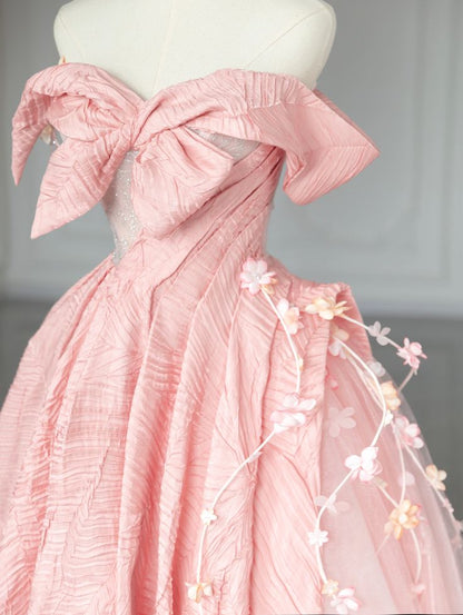 Vestido de fiesta rosa dulce con hombros descubiertos y lazo, corte A, TP2700
