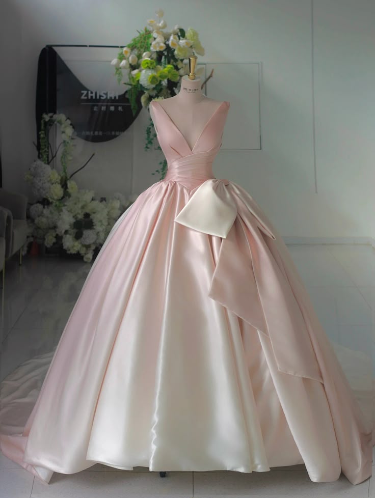 Vestido de noche de satén con escote en V y lazo en color rosa degradado, corte A, TP2704