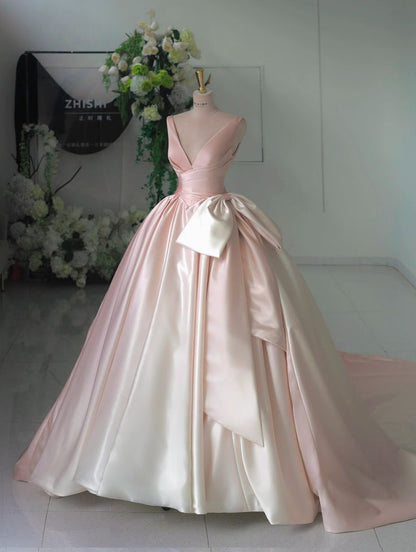 Vestido de noche de satén con escote en V y lazo en color rosa degradado, corte A, TP2704