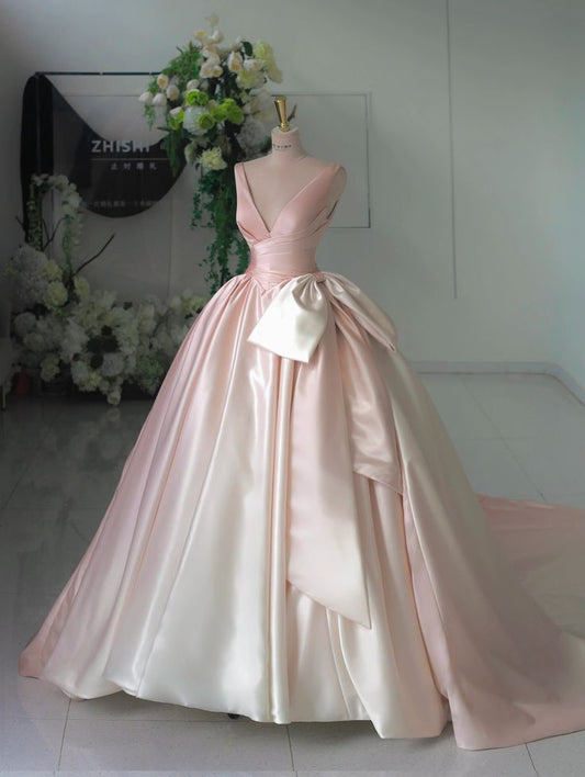 Vestido de noche de satén con escote en V y lazo en color rosa degradado, corte A, TP2704