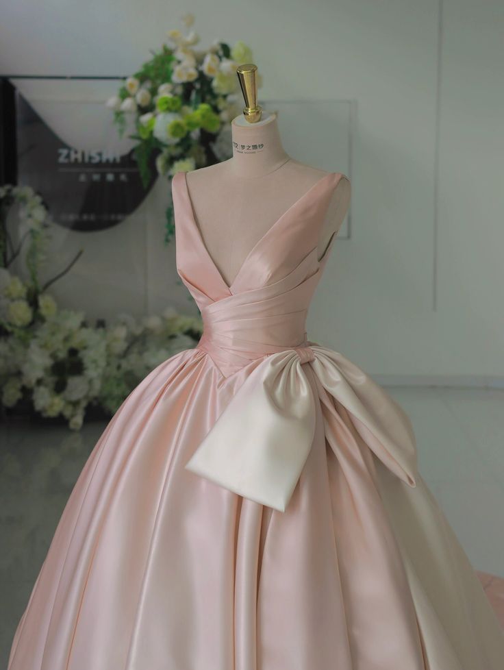 Vestido de noche de satén con escote en V y lazo en color rosa degradado, corte A, TP2704