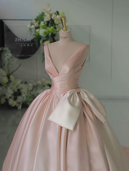 Vestido de noche de satén con escote en V y lazo en color rosa degradado, corte A, TP2704