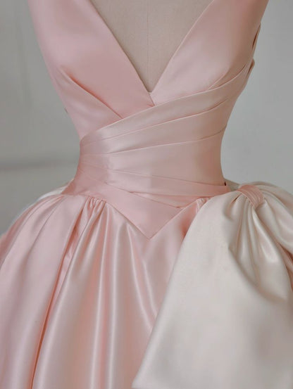 Vestido de noche de satén con escote en V y lazo en color rosa degradado, corte A, TP2704