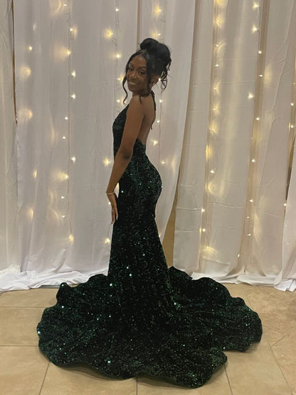 Gorgeous Green Halter Off Shoulder Mermaid Floor-length Prom Dress Evening Dress TP2715