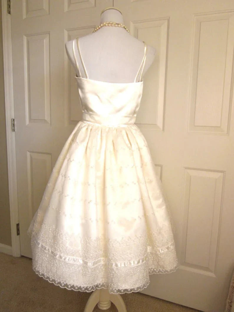 Ivory Lace Strap A-line Satin Short Birthday Party Dress Homecoming Dress TP2722