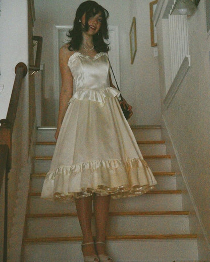 Vintage Ivory Strapless A-Line Satin Birthday Party Dress Homecoming Dress TP2723