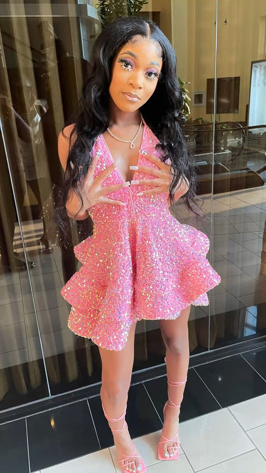 Sweet Pink Deep V Neck A-Line Sequin Mini Birthday Party Dress Homecoming Dress TP2727
