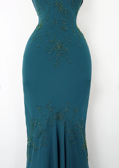 Vestido de fiesta vintage de gasa estilo sirena, sin tirantes, con escote en V y cuentas, TP2729