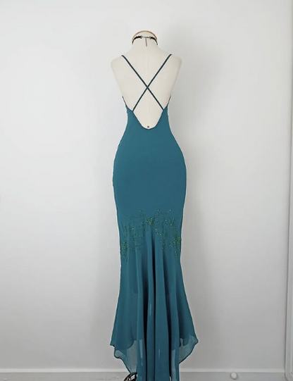 Vestido de fiesta vintage de gasa estilo sirena, sin tirantes, con escote en V y cuentas, TP2729