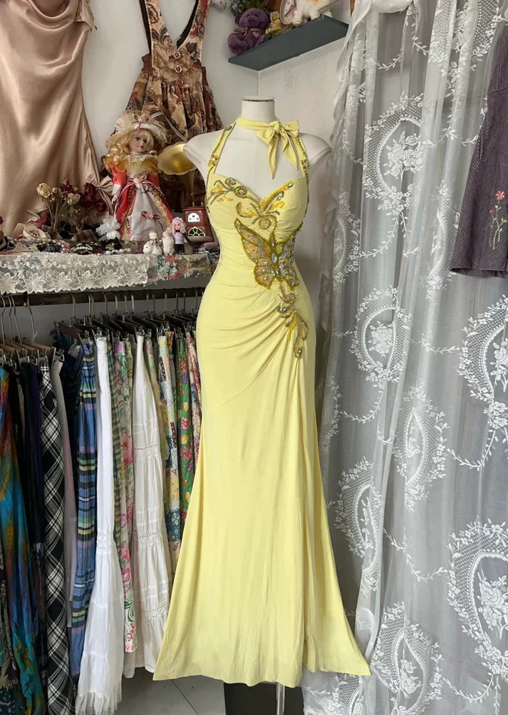 Vestido de fiesta vintage amarillo con cuello halter, lentejuelas y espalda descubierta, corte sirena, TP2730
