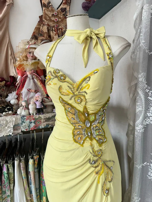 Vestido de fiesta vintage amarillo con cuello halter, lentejuelas y espalda descubierta, corte sirena, TP2730