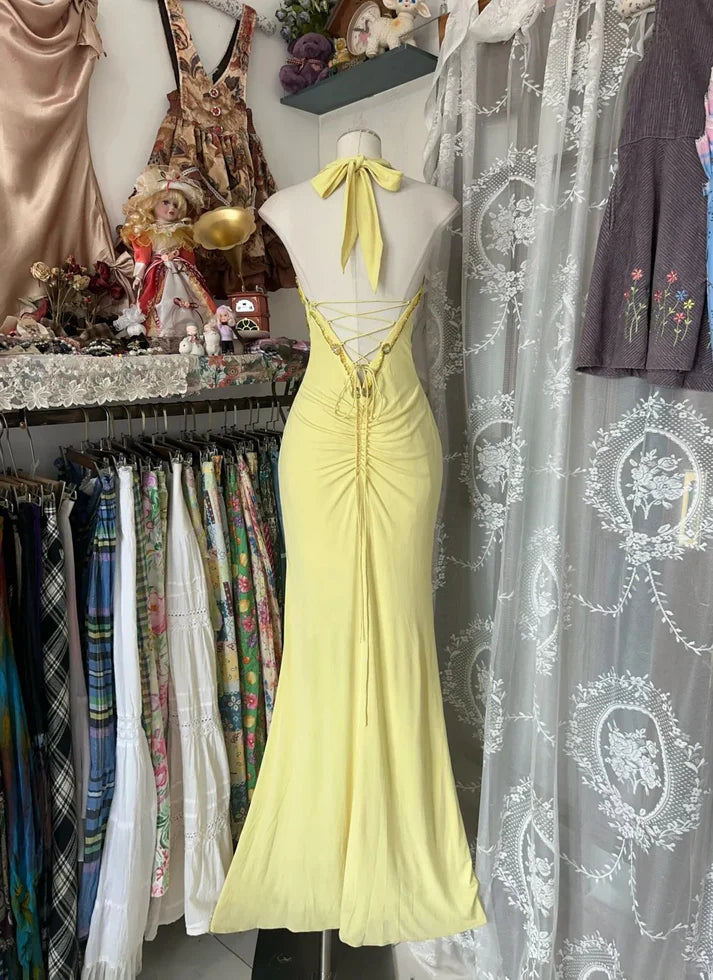 Vestido de fiesta vintage amarillo con cuello halter, lentejuelas y espalda descubierta, corte sirena, TP2730