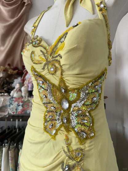 Vestido de fiesta vintage amarillo con cuello halter, lentejuelas y espalda descubierta, corte sirena, TP2730