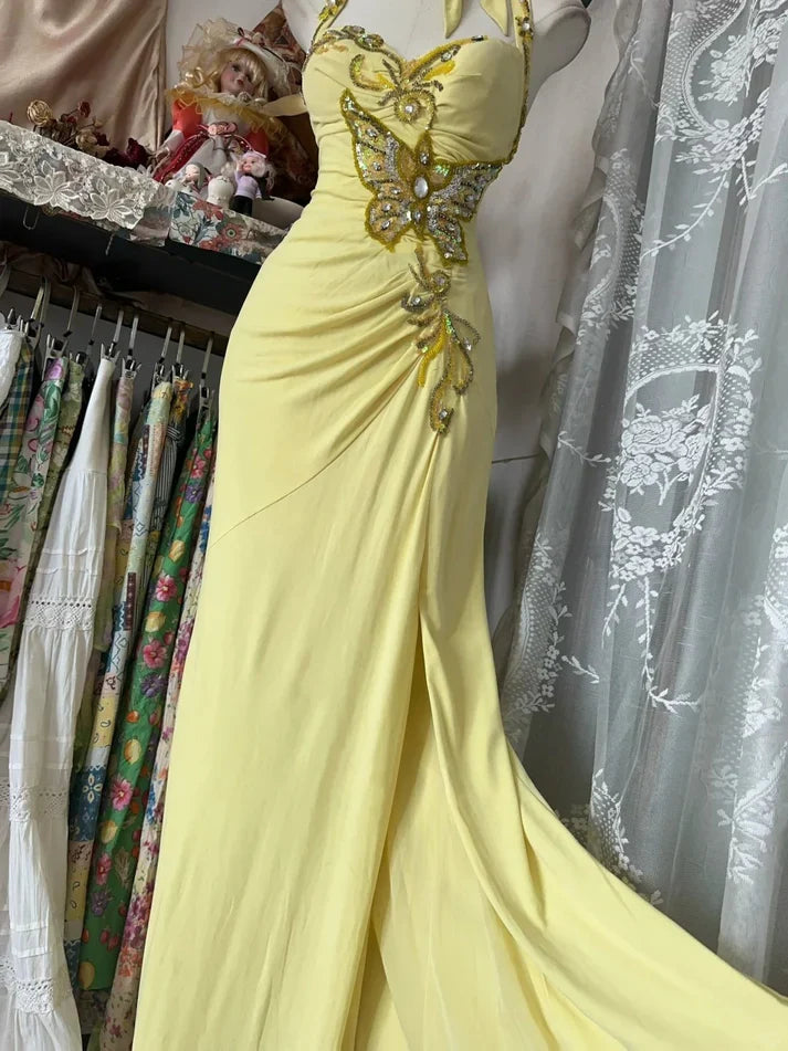 Vestido de fiesta vintage amarillo con cuello halter, lentejuelas y espalda descubierta, corte sirena, TP2730