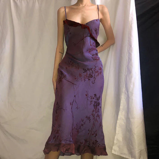 Vestido de fiesta vintage morado con estampado, sin tirantes y volantes de malla, TP2731