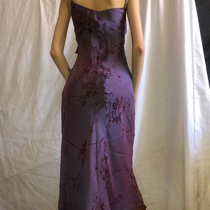Vestido de fiesta vintage morado con estampado, sin tirantes y volantes de malla, TP2731