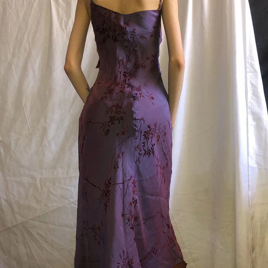 Vestido de fiesta vintage morado con estampado, sin tirantes y volantes de malla, TP2731