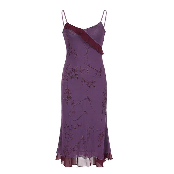Vestido de fiesta vintage morado con estampado, sin tirantes y volantes de malla, TP2731