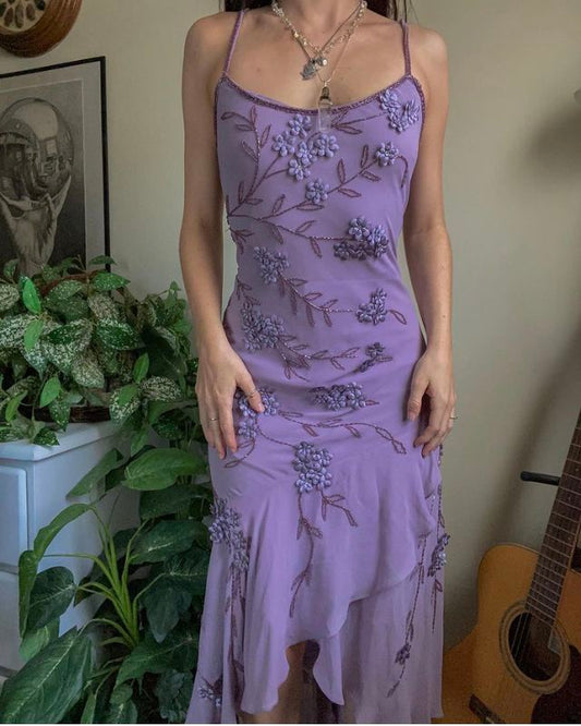 Vestido de fiesta vintage de gasa morado sin tirantes, con cuentas y espalda descubierta, TP2732