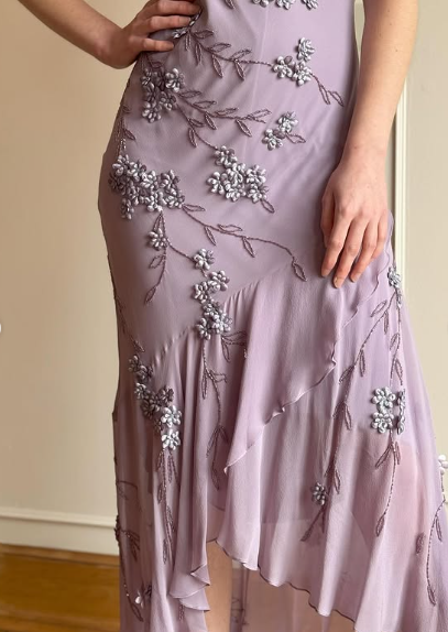 Vestido de fiesta vintage de gasa morado sin tirantes, con cuentas y espalda descubierta, TP2732