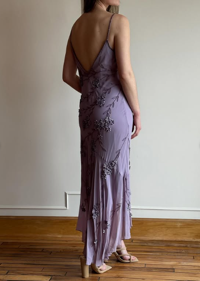 Vestido de fiesta vintage de gasa morado sin tirantes, con cuentas y espalda descubierta, TP2732