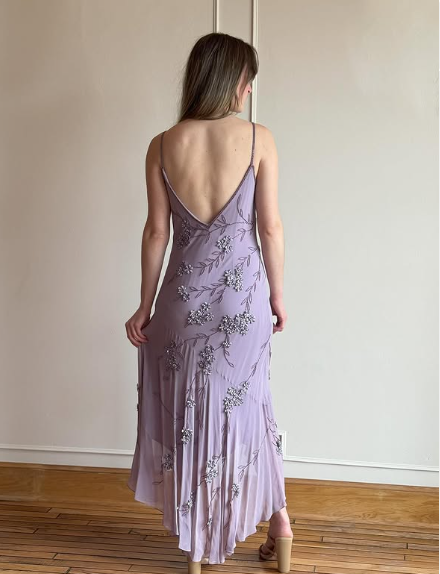 Vestido de fiesta vintage de gasa morado sin tirantes, con cuentas y espalda descubierta, TP2732