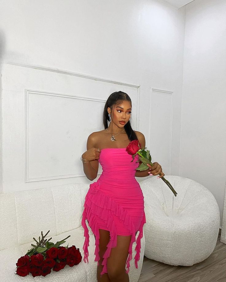 Sexy Hot Pink Strapless Ruffle Bodycon Mini Party Dress Homecoming Dress TP2733