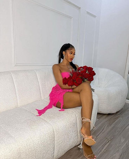 Sexy Hot Pink Strapless Ruffle Bodycon Mini Party Dress Homecoming Dress TP2733